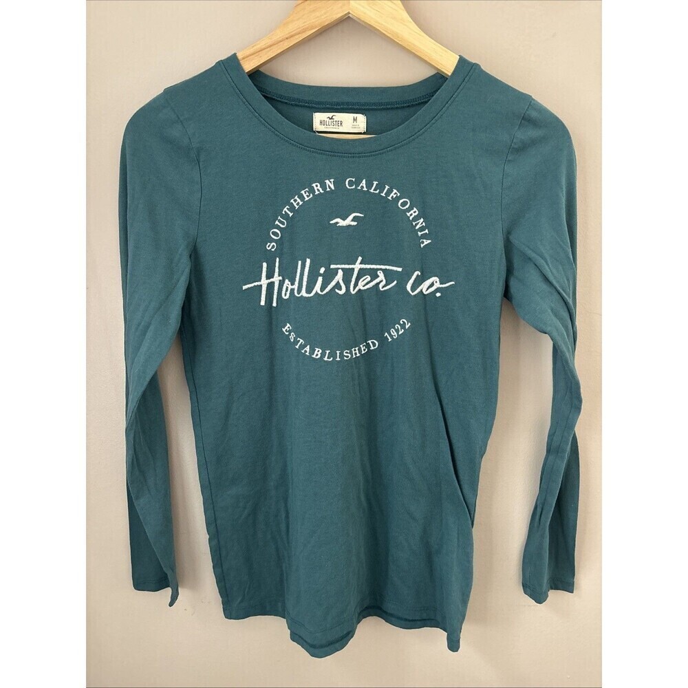 Hollister Women’s Medium Teal Long Sleeve T-Shirt Embroidered Logo Y2K Style